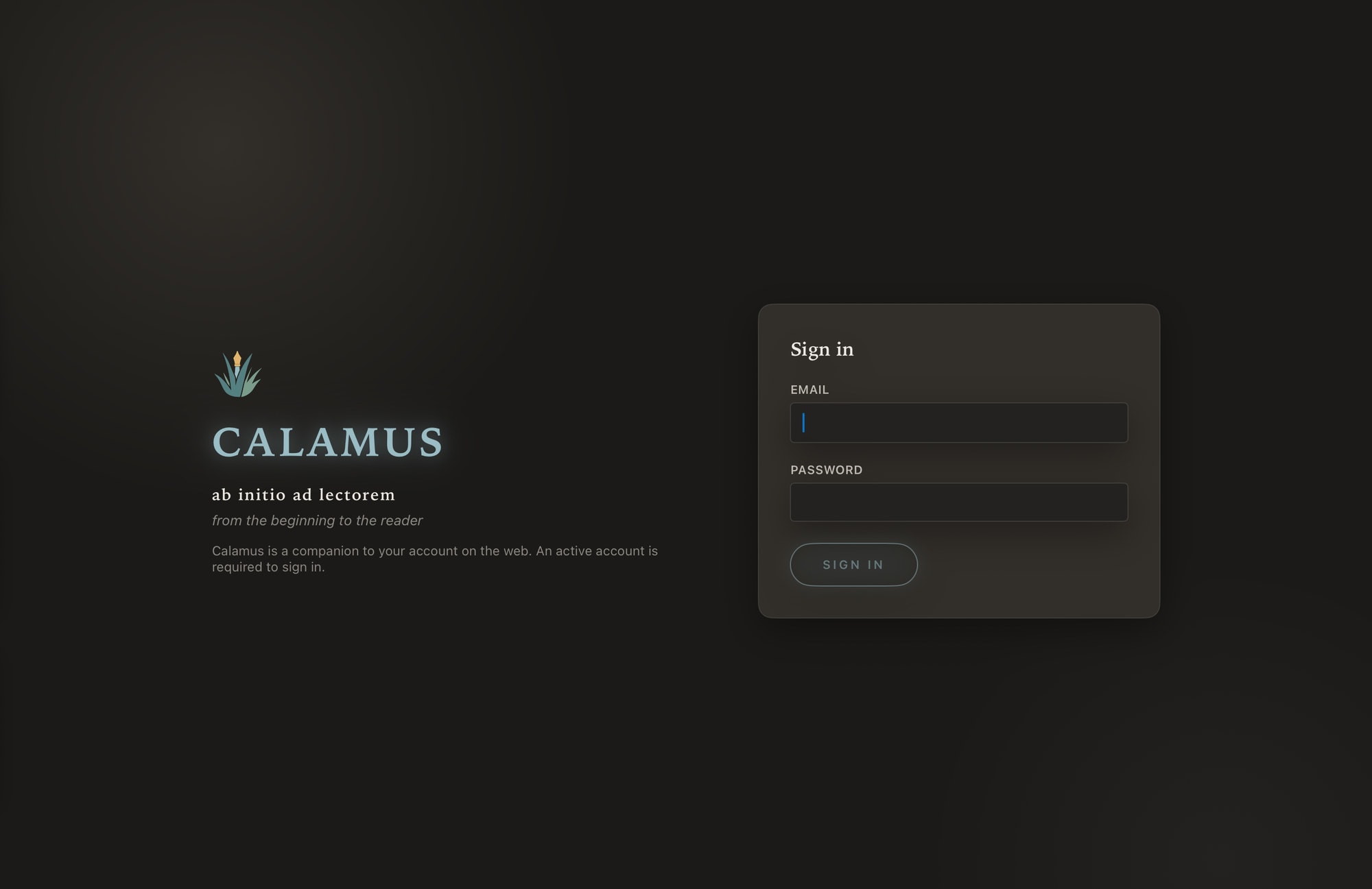 Calamus signing in on an iPad: the Calamus mark and the line ab initio ad lectorem, from the beginning to the reader, beside an email and password form