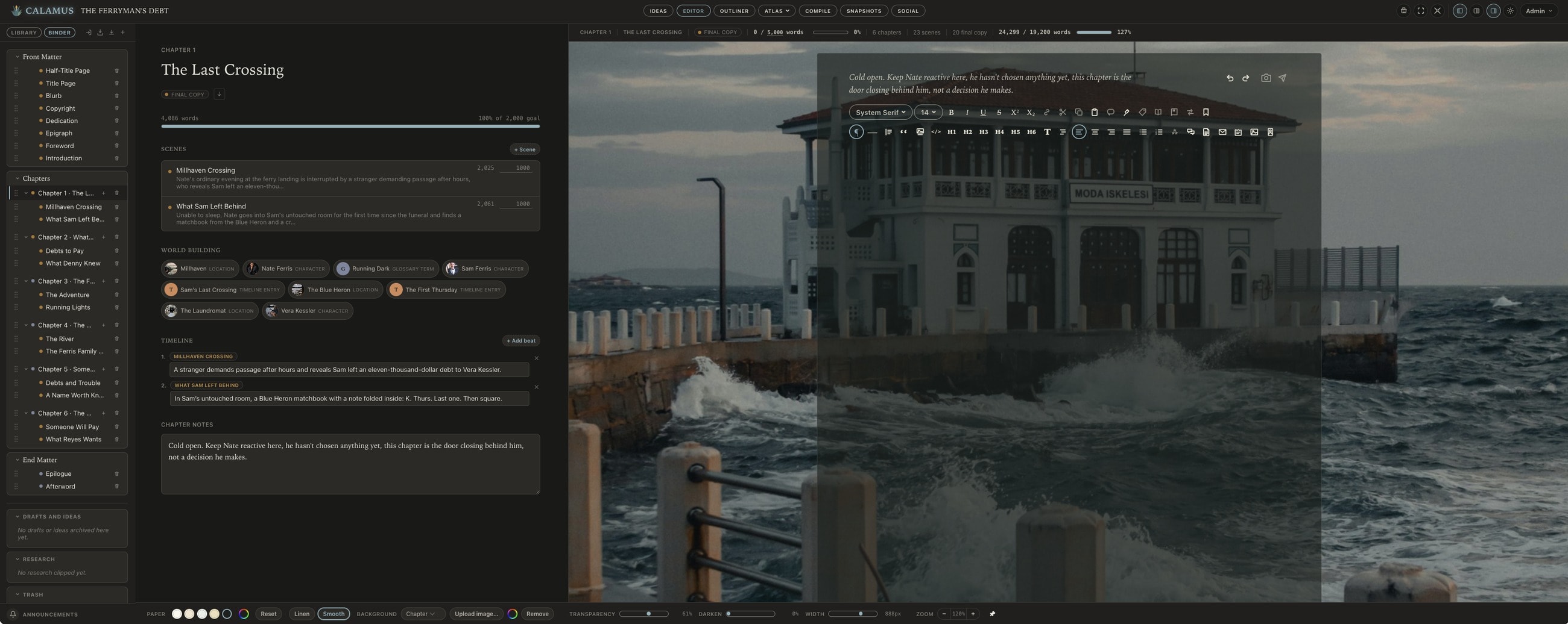 A chapter open in Calamus: the Binder down the left, and the chapter view listing its two scenes with word counts against their goals, the world building entries tagged in it, a numbered timeline of beats, and chapter notes; the manuscript itself open to the right over a photograph of a harbor wall in heavy sea
