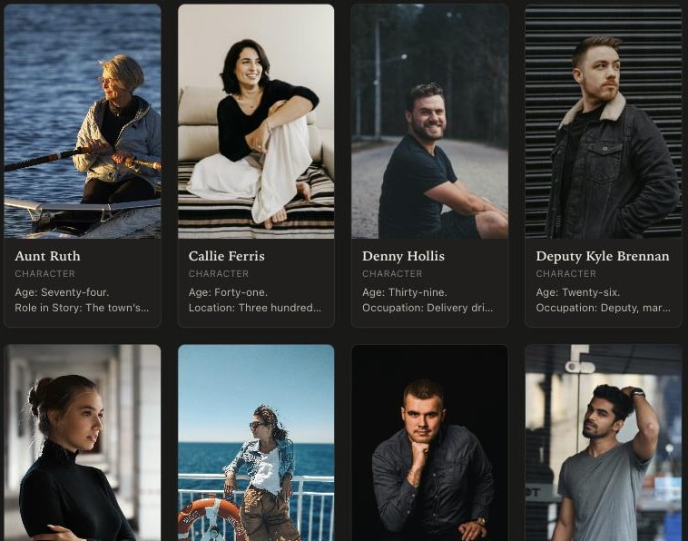 The Codex in Calamus, open on the Characters shelf of The Ferryman's Debt: cards for Aunt Ruth, Callie Ferris, Denny Hollis and Deputy Kyle Brennan, each with the character's photograph above their age, occupation and role in the story, and the next row of characters beginning below