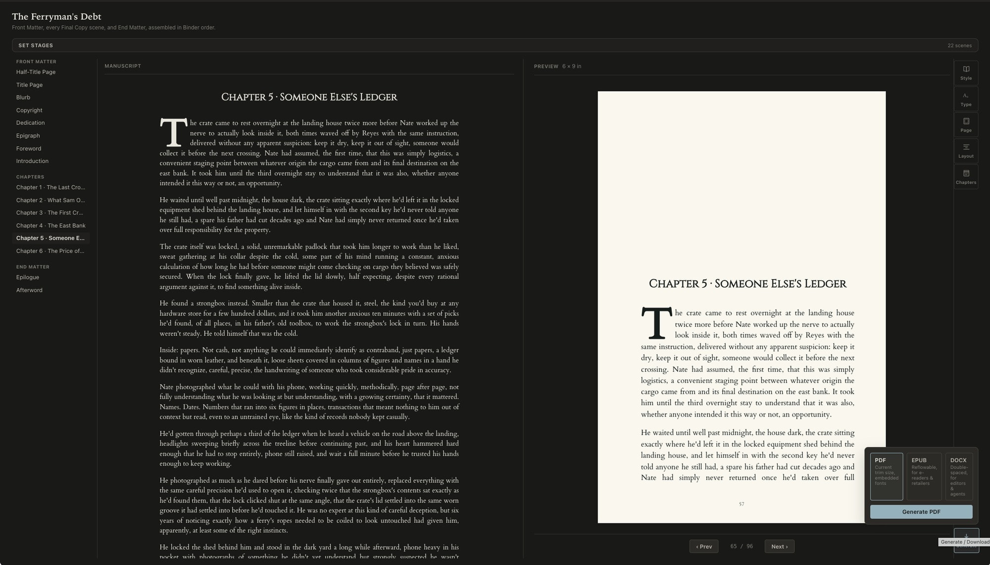The Compile preview in Calamus showing a formatted book interior