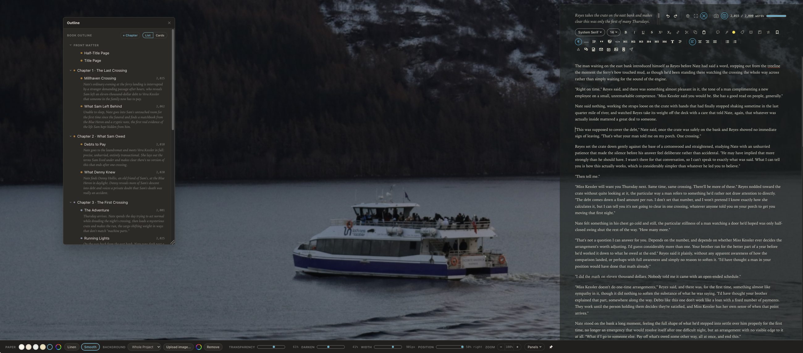 Composition Mode in Calamus: a manuscript on warm paper over a photographic background, with the interface cleared away