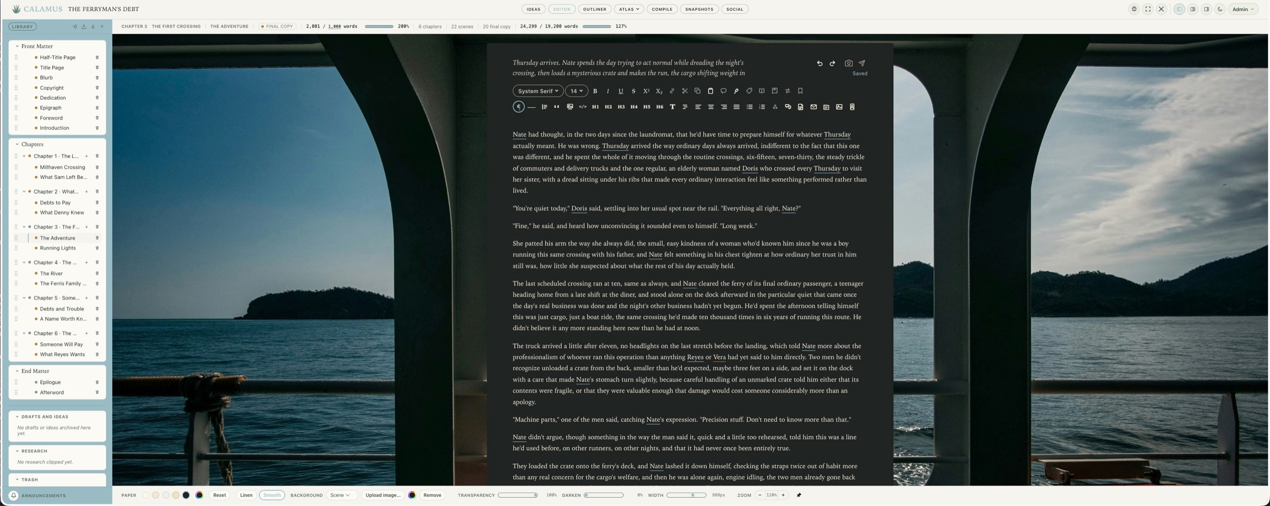 Calamus open in a browser on The Ferryman's Debt: the Binder down the left listing front matter, six chapters and their scenes, and end matter; a chapter of the manuscript set on paper in the center, laid over a photograph taken from a ferry deck looking out across water to distant headlands; and the paper controls along the bottom for the background scene, its transparency and darkening, the page width and the zoom