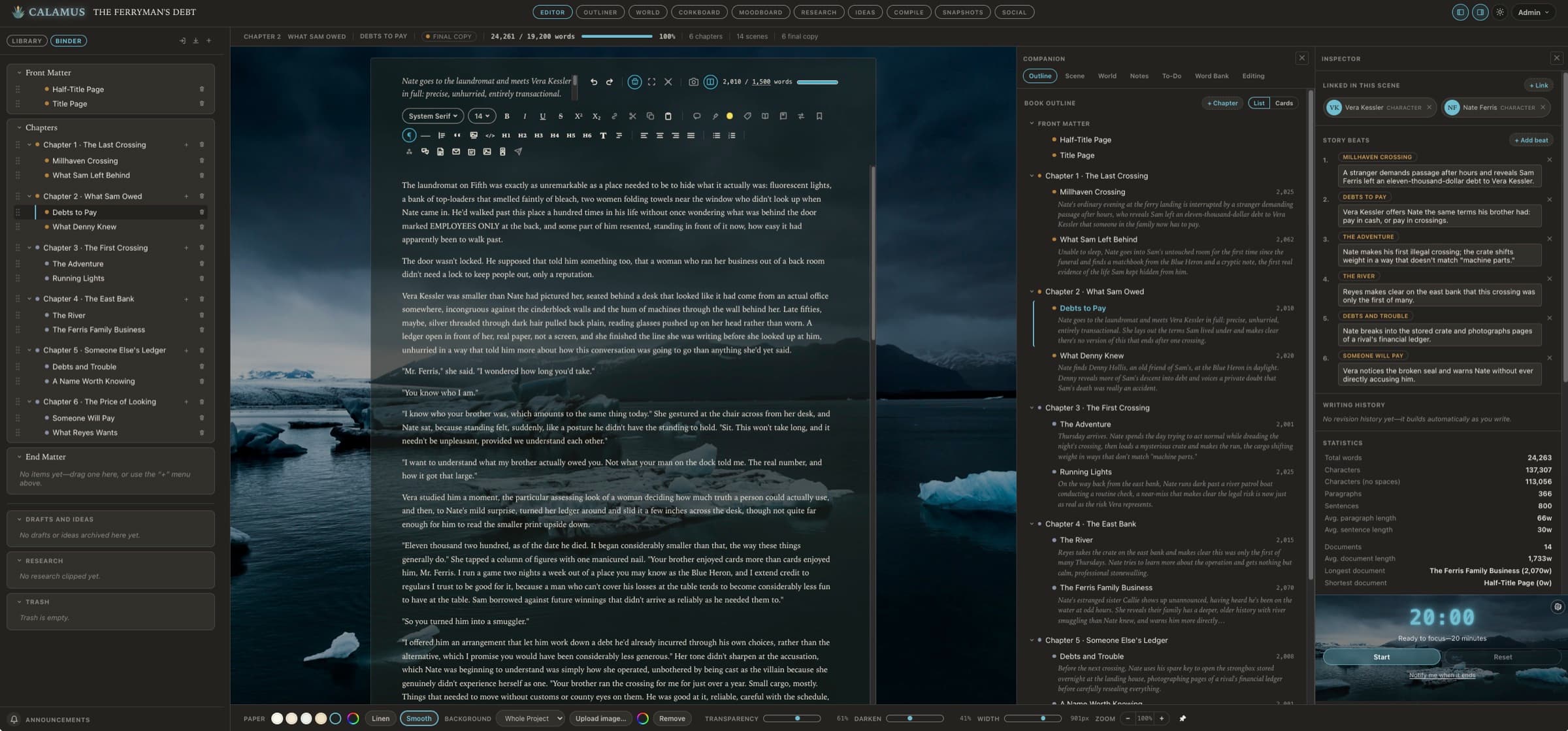 The Calamus Editor mid-chapter: the Binder listing chapters and scenes, the manuscript over a glacier backdrop, and the Companion outline and Inspector story beats alongside it