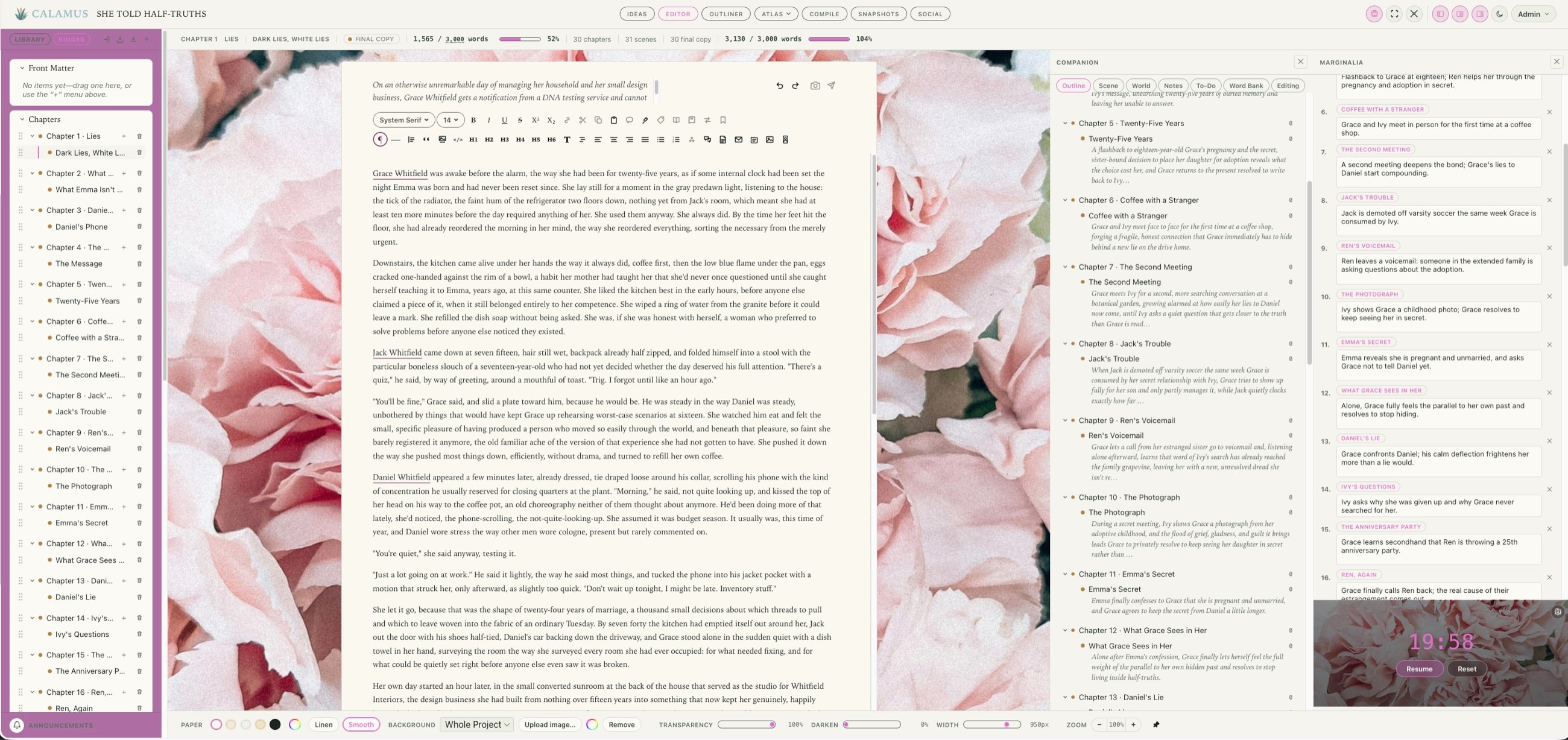 Calamus open on a novel called She Told Half-Truths: the Binder listing 16 chapters down the left, the manuscript on pale paper over a photograph of pink roses, the Companion showing an outline of every chapter with its synopsis, and Marginalia notes down the right