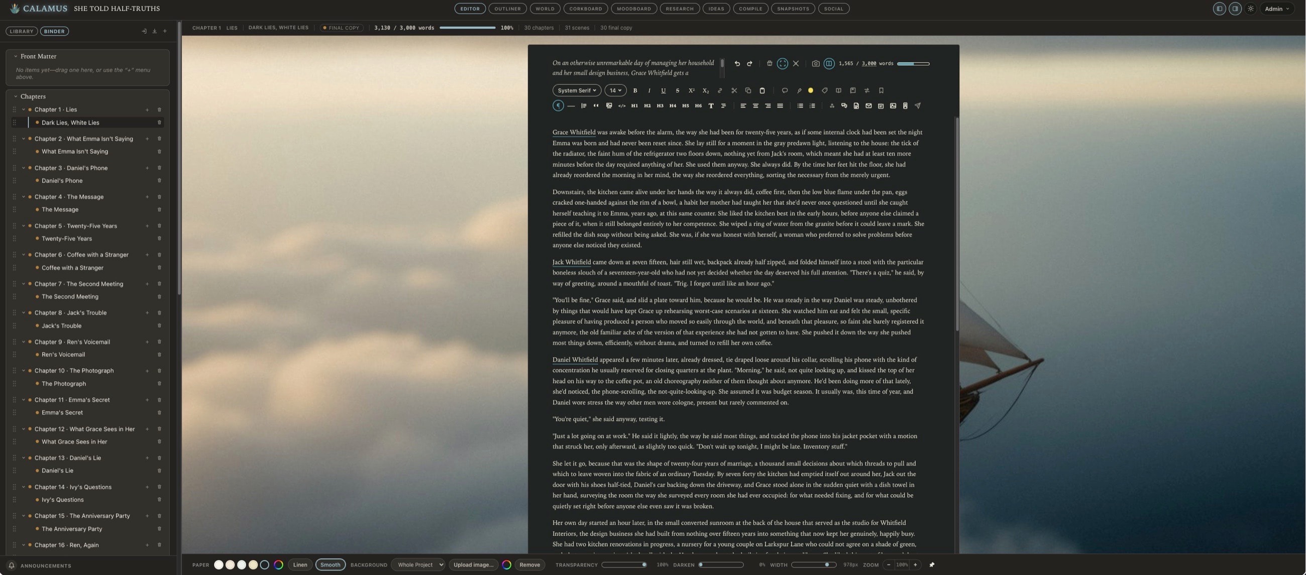 Focus Mode in Calamus, dimming everything on the page except the paragraph being written