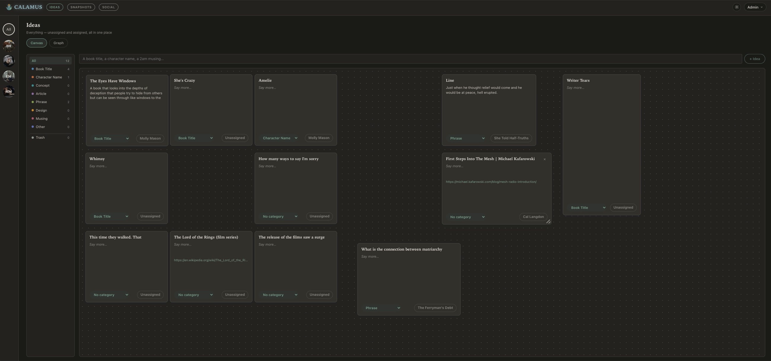 The Ideas module in a browser: a rail of pen names down the left, category filters with counts beside it, and a canvas of idea cards, each with a category dropdown and an assignment to a pen name or a book. Two cards carry links shared in from the web.