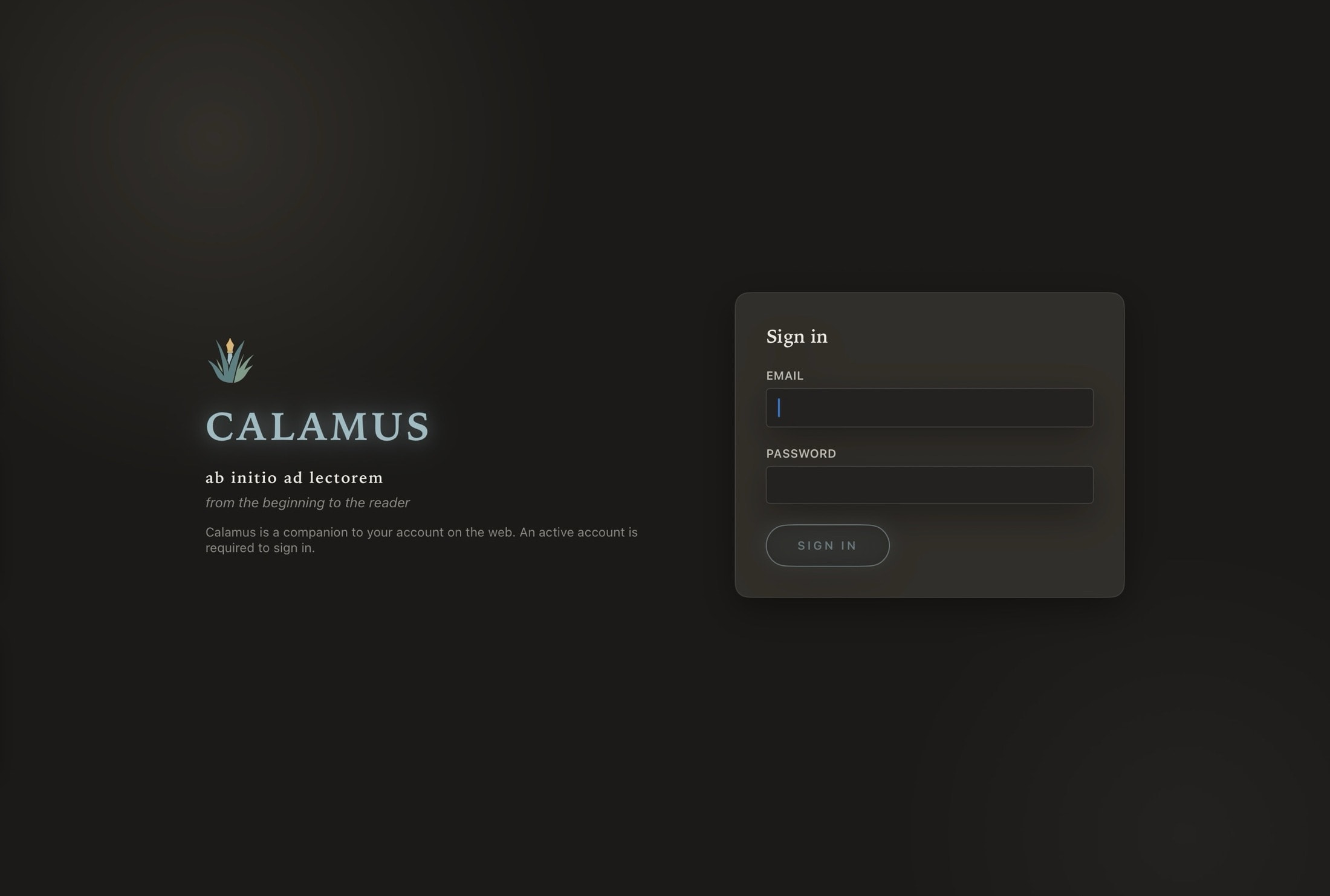 Calamus opening on an iPad: the reed pen mark above the Calamus wordmark, the motto ab initio ad lectorem and its translation, from the beginning to the reader, and a sign-in card asking for an email address and password