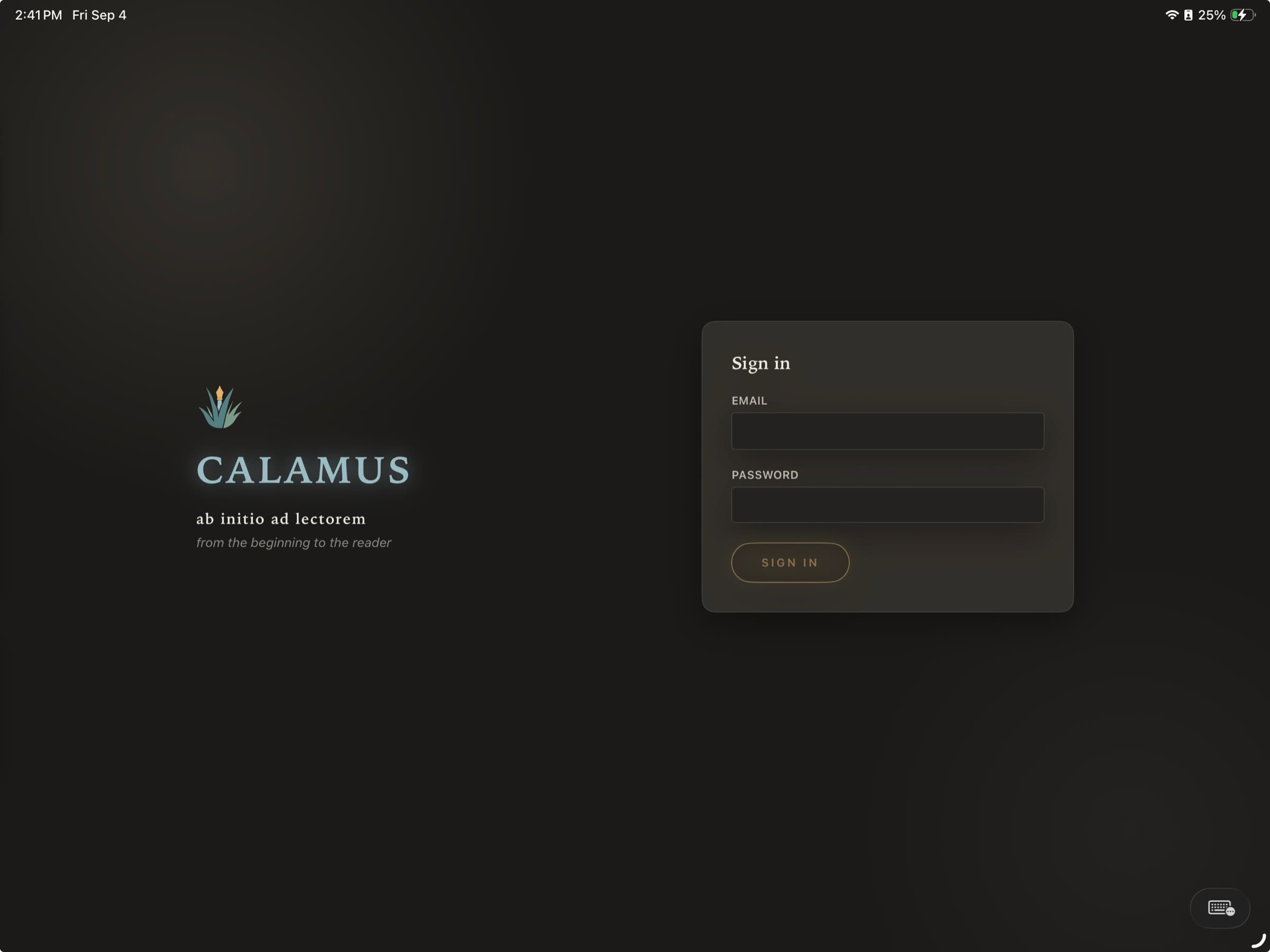 Calamus opening on an iPad: the mark and the wordmark on the left over a dark ground, the motto ab initio ad lectorem beneath it with its translation, from the beginning to the reader, and a sign-in panel on the right