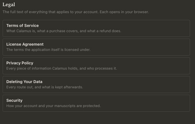 The Legal section of Calamus settings, listing Terms of Service, License Agreement, Privacy Policy, Deleting Your Data and Security, each with a line describing what it covers