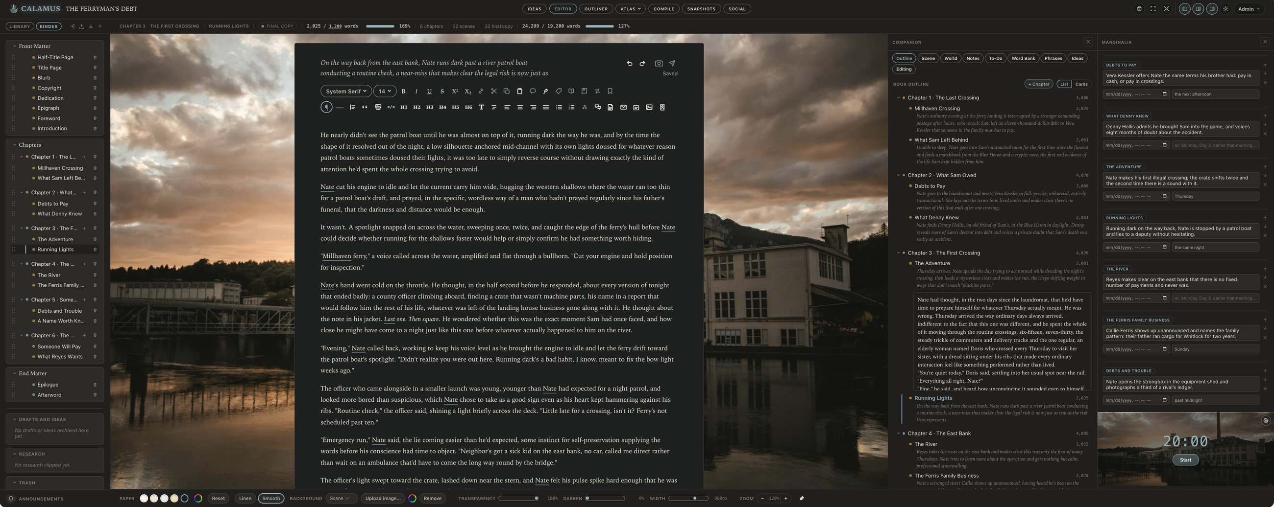 Calamus open on The Ferryman's Debt: the Binder down the left listing front matter, six chapters and their scenes, and end matter; a chapter of the manuscript set on paper over a photograph of a river at dusk; the Companion panel showing the book outline with a synopsis under each scene; and the Marginalia panel holding dated notes for individual scenes above a focus timer