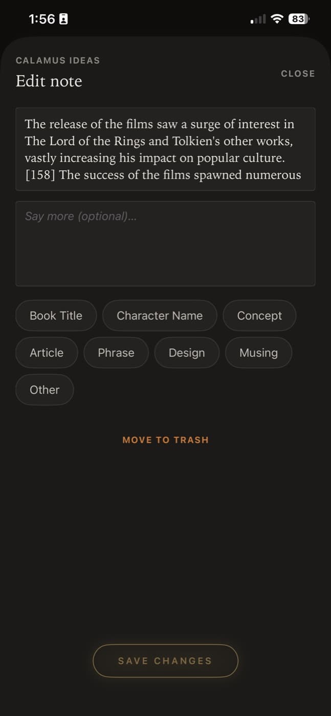 Editing a note in Calamus Ideas on an iPhone, with the category chips beneath the text and buttons to move the note to trash or save changes