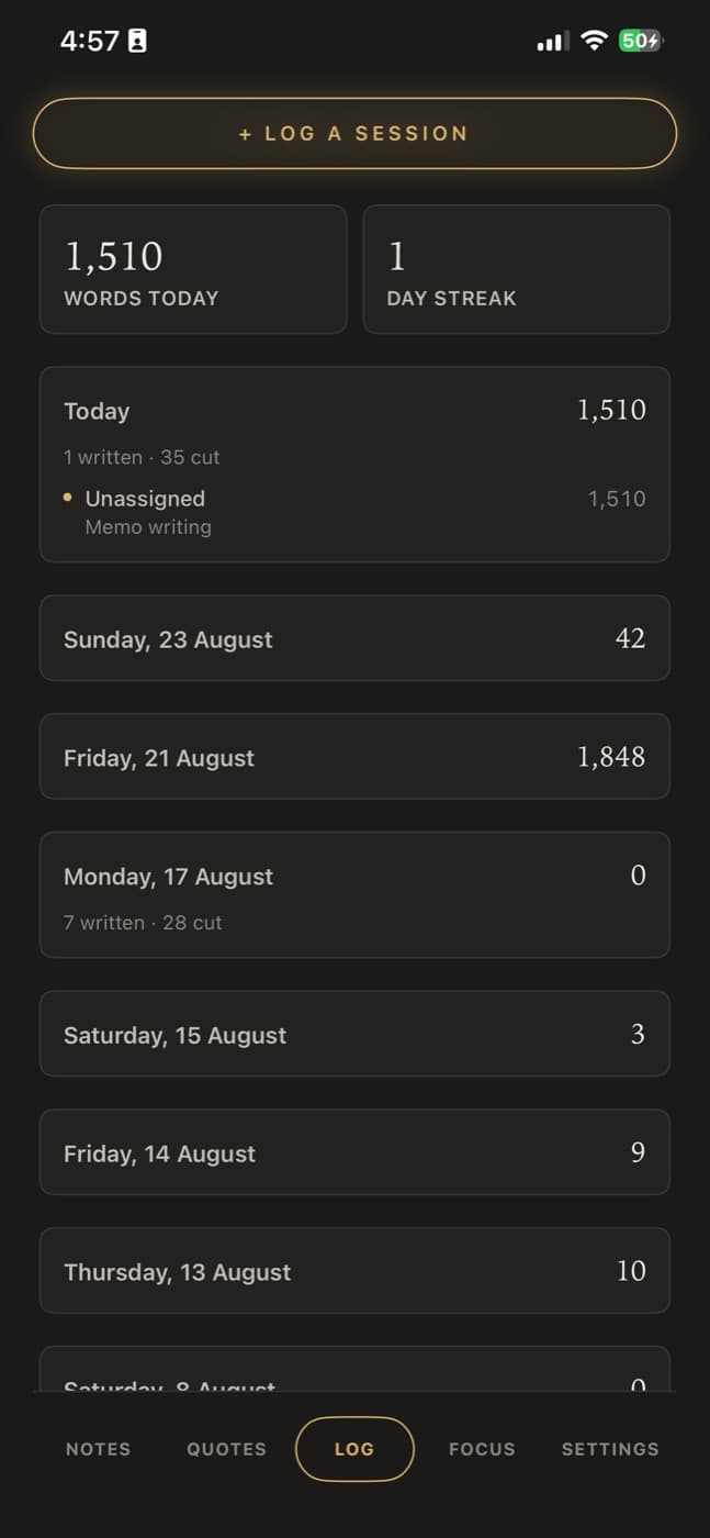 The writing log on an iPhone: 1,510 words today, a one day streak, and the days before it listed with the words written and cut on each