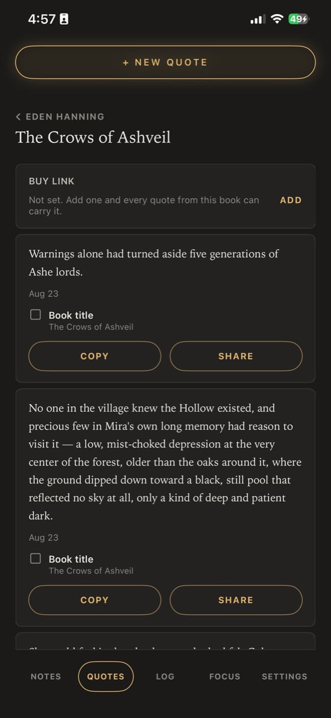 Quotes pulled from The Crows of Ashveil on an iPhone, each with copy and share buttons, under a buy link every quote from the book can carry