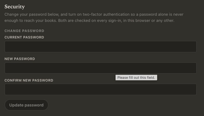 The Security section of Calamus settings: fields for current password, new password and confirmation, above an Update password button
