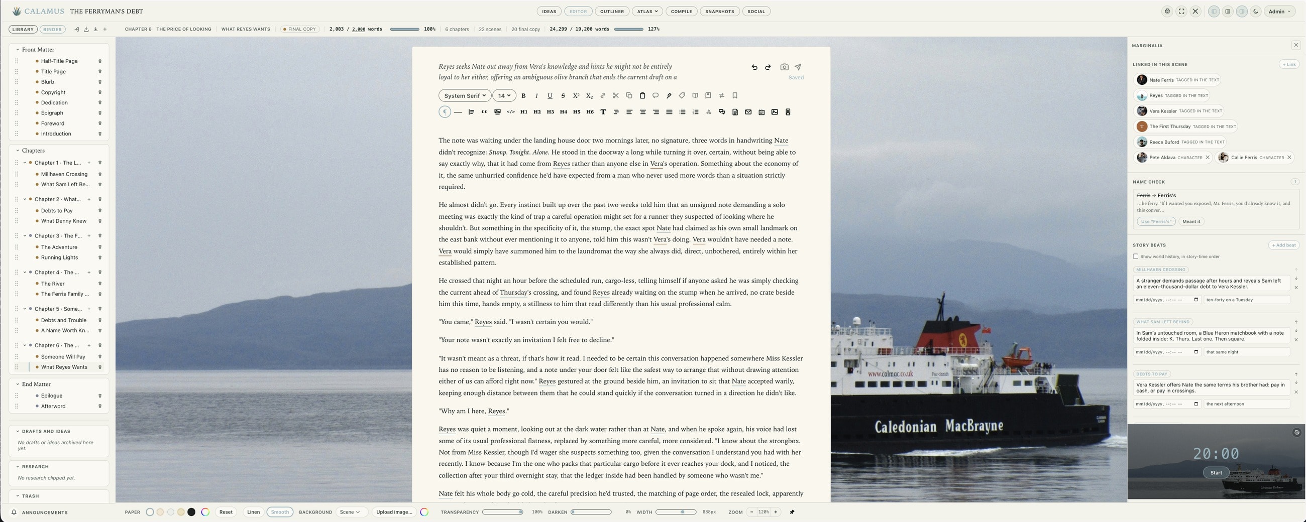 Calamus set up to taste: a chapter on pale paper over a photograph of a ferry crossing, the page width and zoom set at the foot of the window, and the Marginalia panel open on the right showing the characters linked in this scene, a name check, story beats and a focus timer