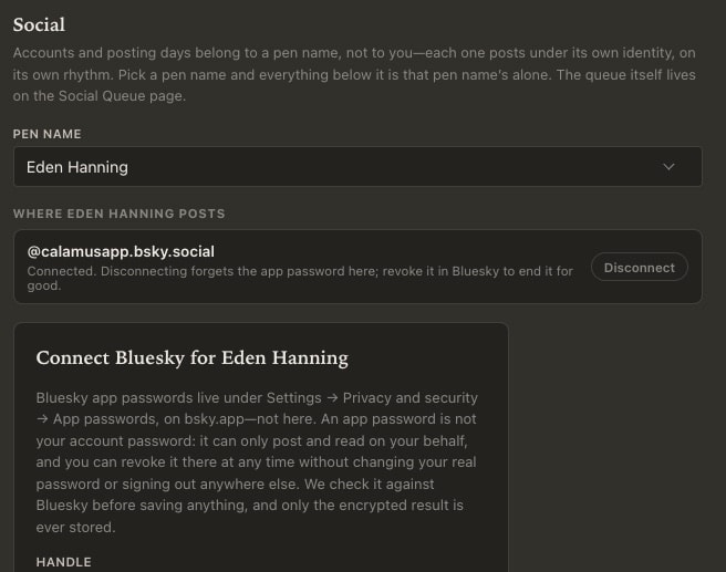 The Social settings in Calamus: a pen name selector reading Eden Hanning, a connected Bluesky account with a Disconnect button, and a panel explaining that Bluesky app passwords are created in Bluesky rather than here