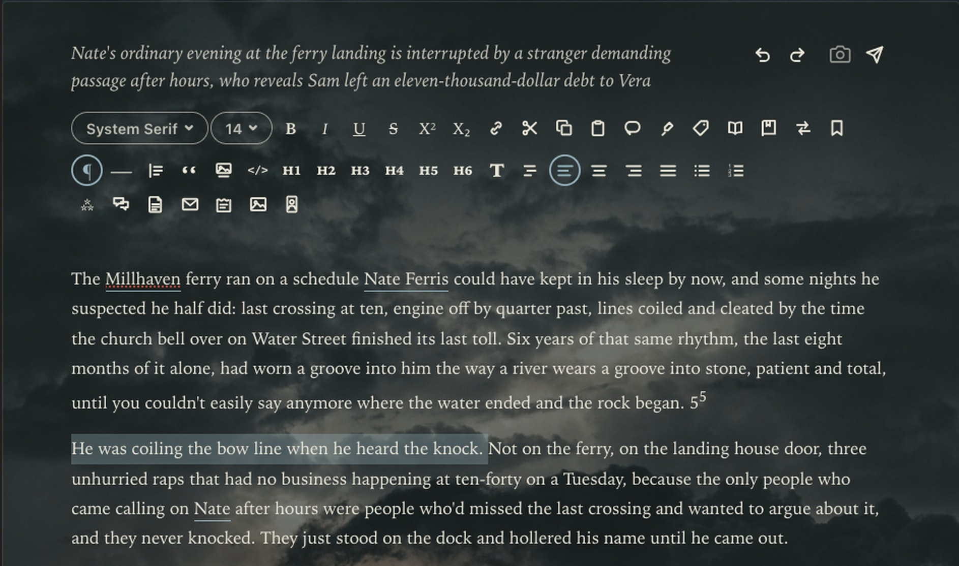 A chapter open in the Calamus editor over a photographic background, with one sentence highlighted ready to be marked as a quote, and the tag control in the toolbar above it