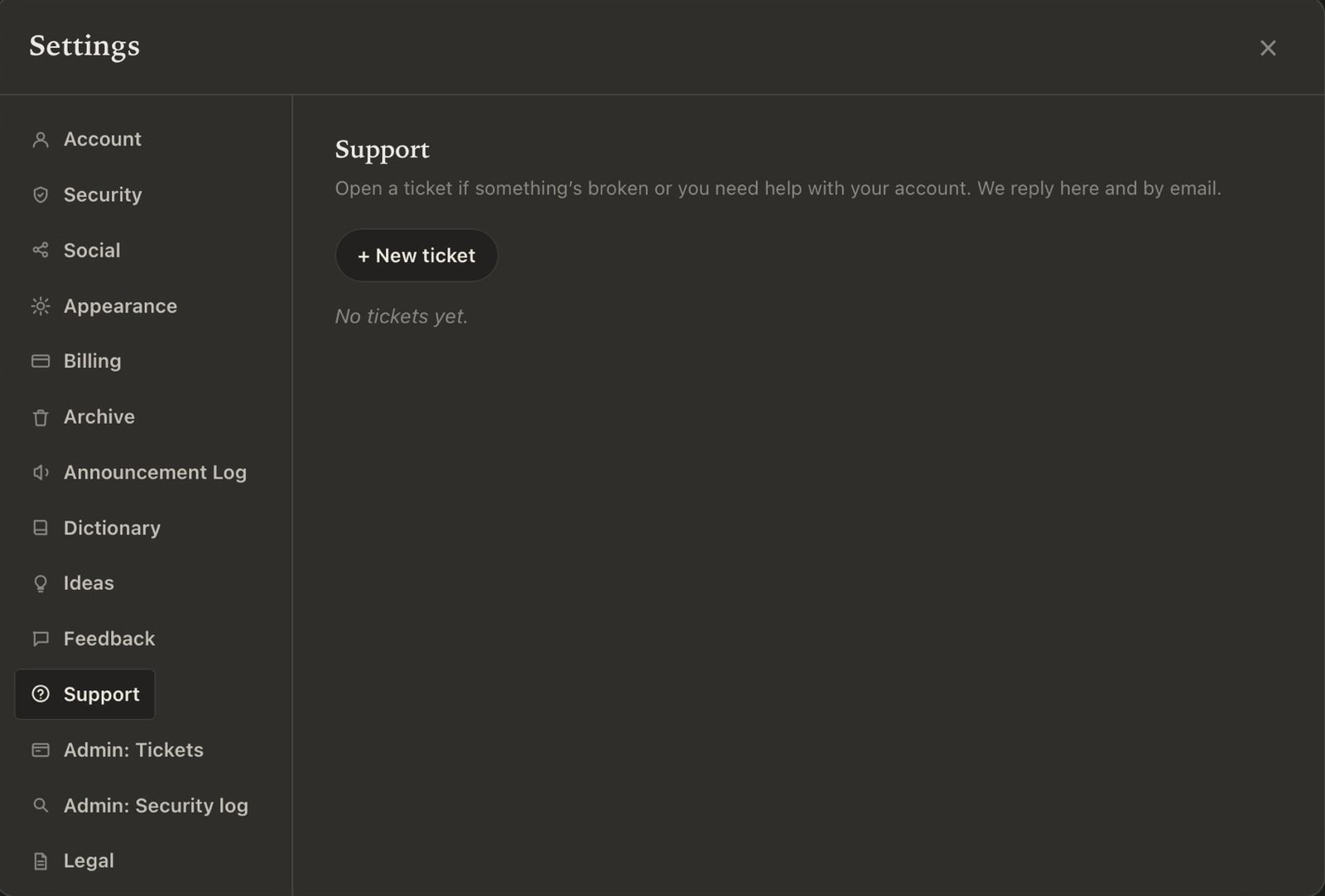 Calamus settings with Support selected in the sidebar: a New ticket button under a line explaining that a ticket can be opened if something is broken or account help is needed, and that replies come both there and by email