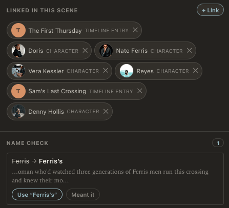 The tagging panel beside a scene in Calamus: Linked in this scene lists The First Thursday and Sam's Last Crossing as timeline entries and Doris, Nate Ferris, Vera Kessler, Reyes and Denny Hollis as characters, each with its photograph; below it Name Check has flagged one word, Ferris changed to Ferris's, quoting the sentence it sits in and offering Use Ferris's or Meant it