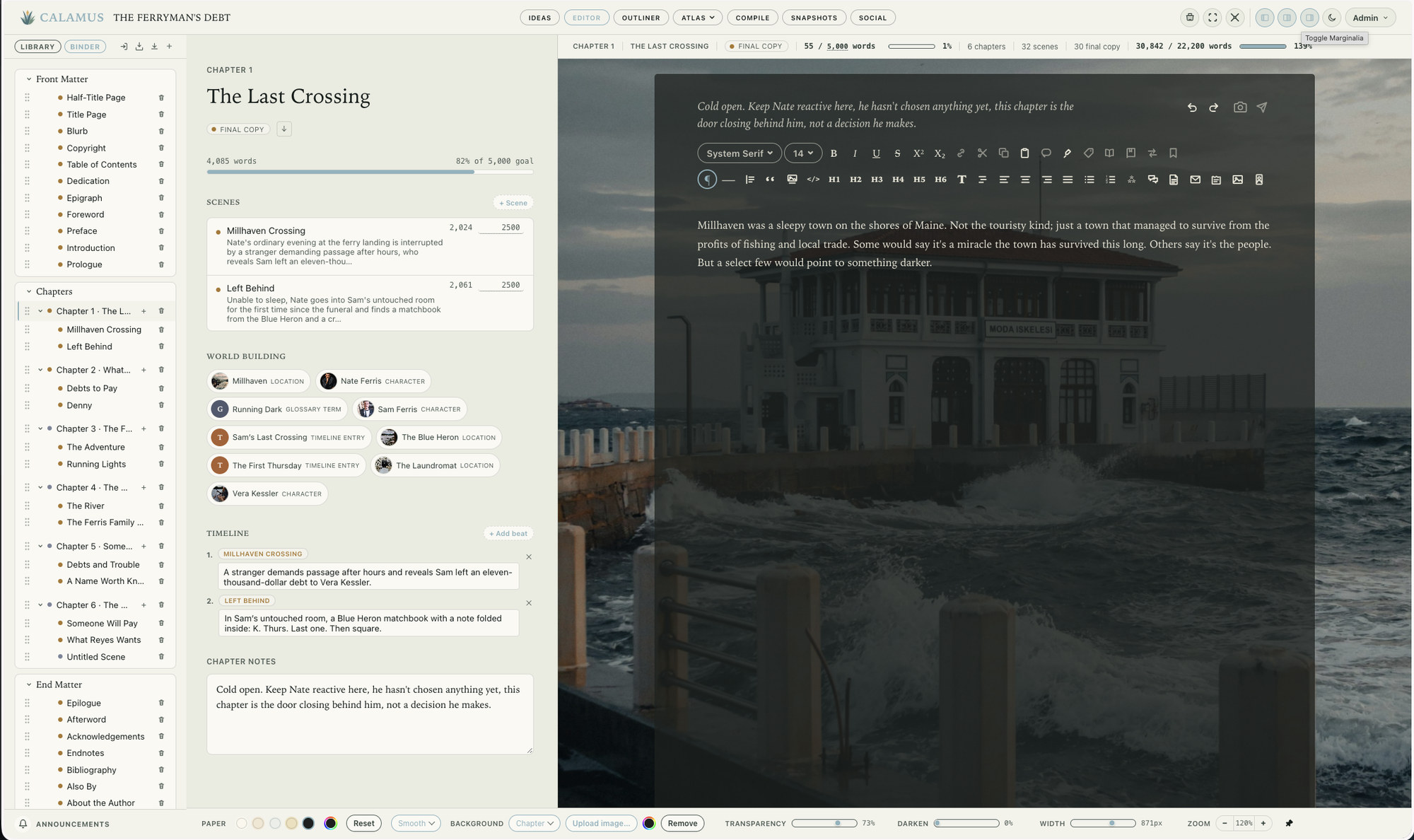 A chapter in Calamus: its scenes with word goals, the world-building entries it uses, its timeline beats and chapter notes, beside the scene being written