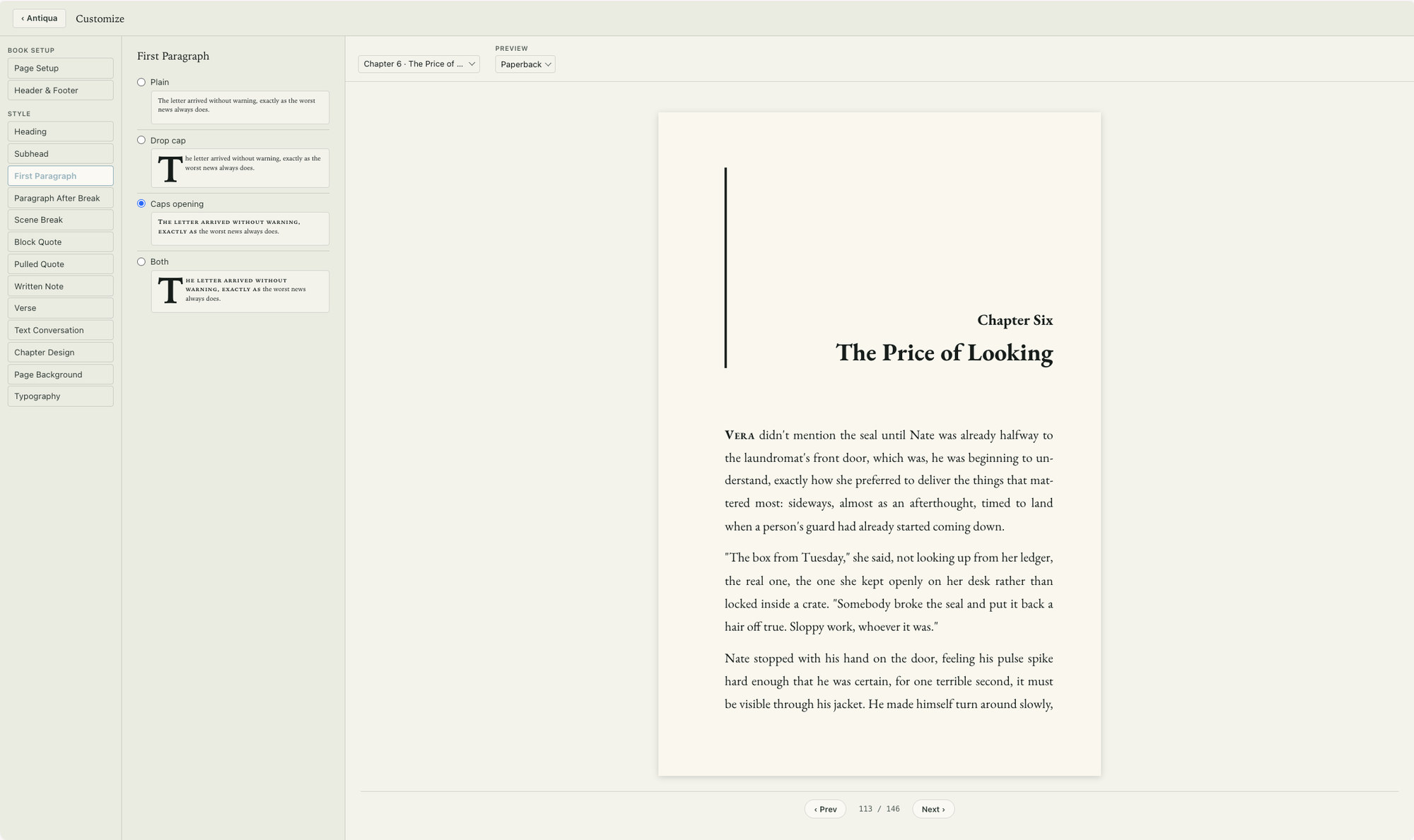 Compile in Calamus: first-paragraph style options on the left and a fixed 6 by 9 inch paperback page on the right, page 113 of 146