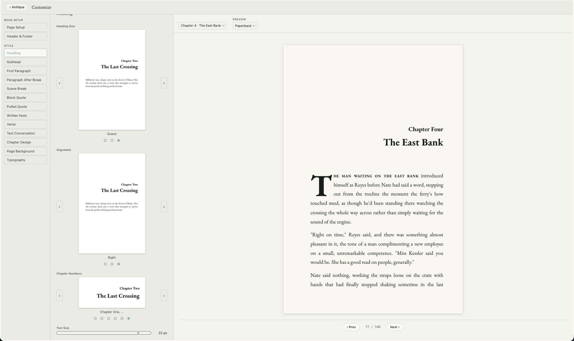 Compile's Customize screen in Calamus: heading style options for size, alignment and chapter numbers, beside Chapter Four of The Ferryman's Debt typeset as a paperback page