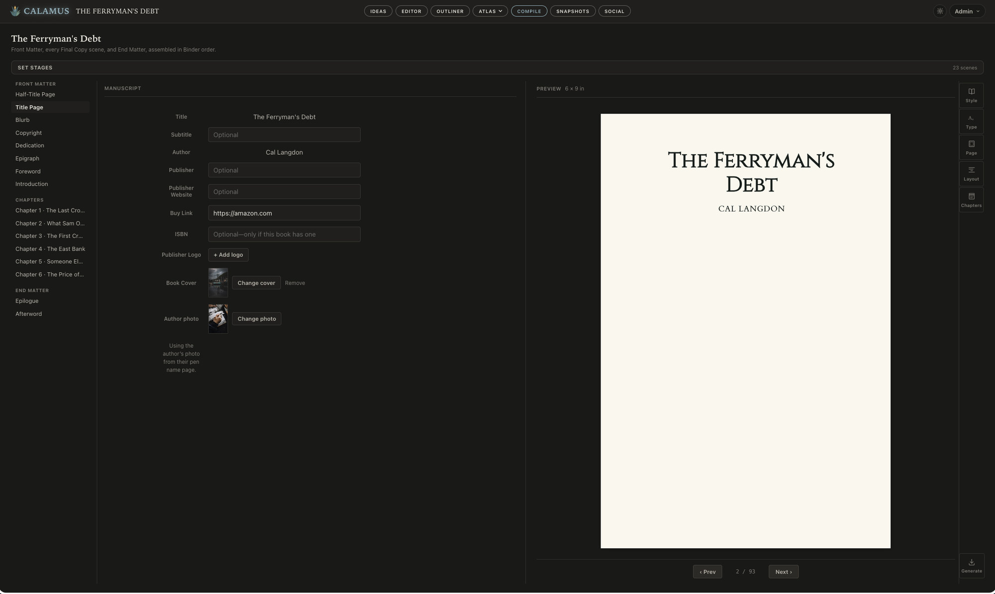 The Compile screen in Calamus: title page fields on the left and the typeset 6 by 9 inch page rendered beside them