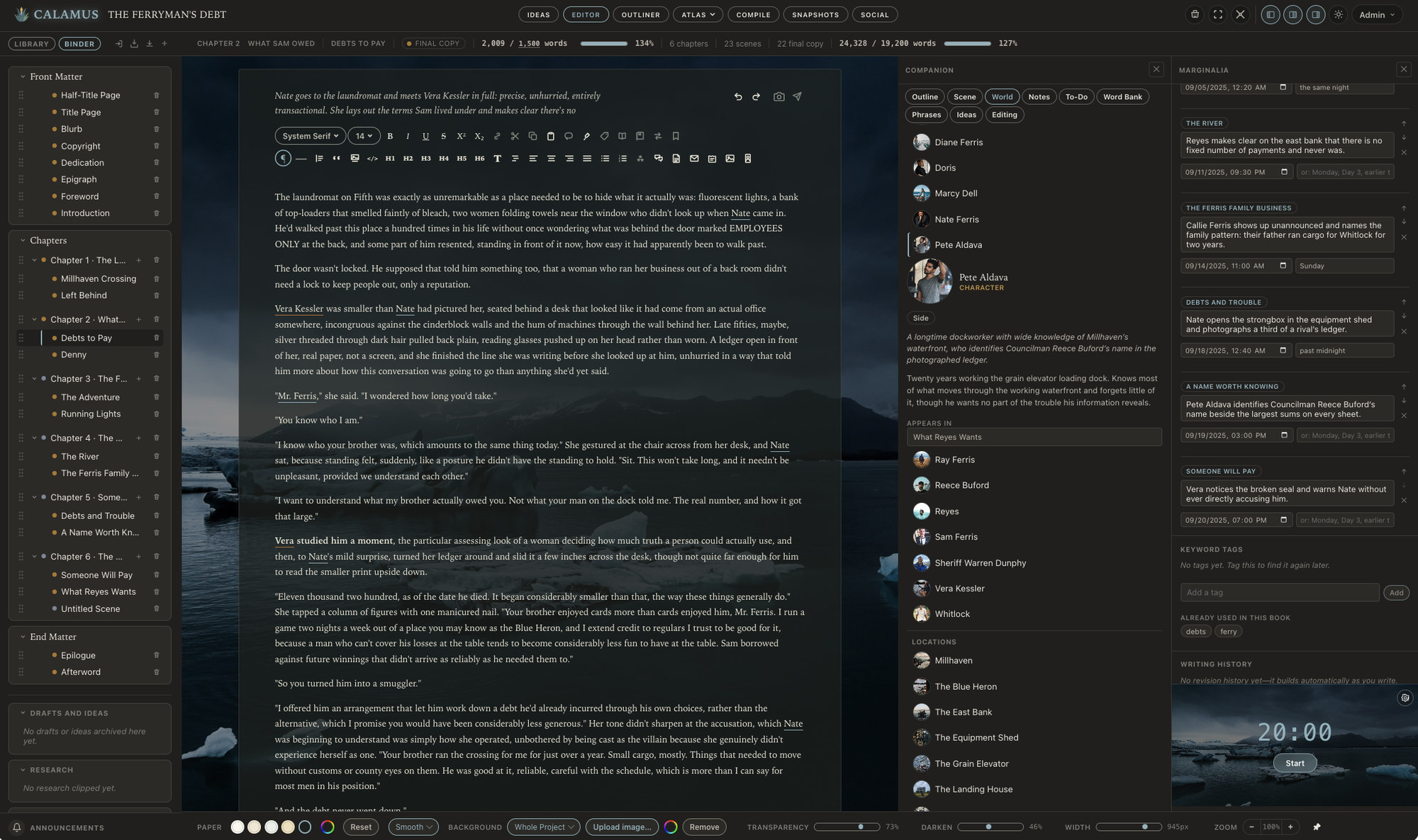 The Calamus Editor with the Binder, a scene, the Companion panel of characters and locations, and Marginalia notes all open at once
