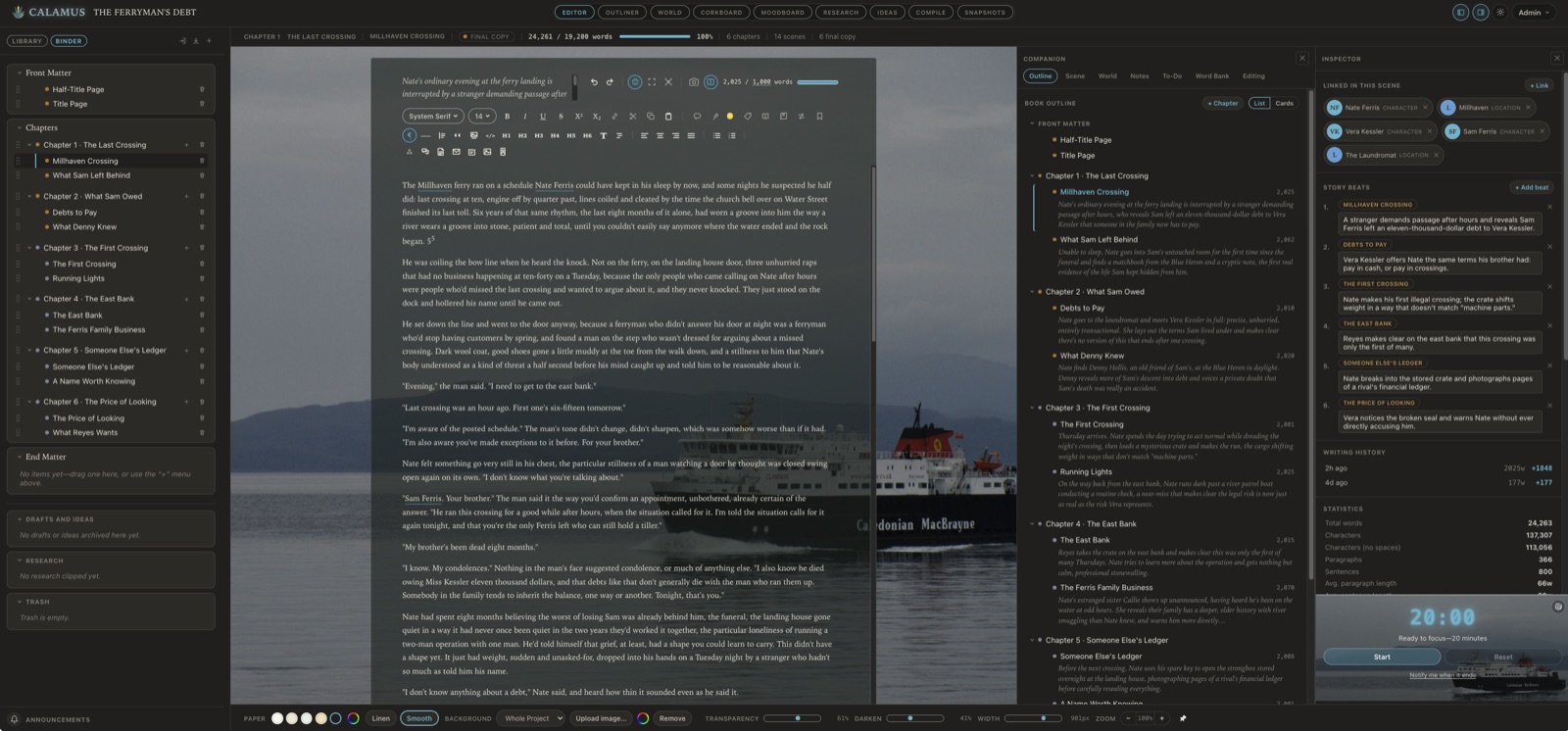 Calamus open on a novel called The Ferryman's Debt: the Binder listing six chapters and their scenes down the left, the manuscript on pale paper over a photograph of a ferry on gray water, the Companion outlining every chapter with its synopsis, and the Inspector listing the characters and locations linked in the scene beside its story beats