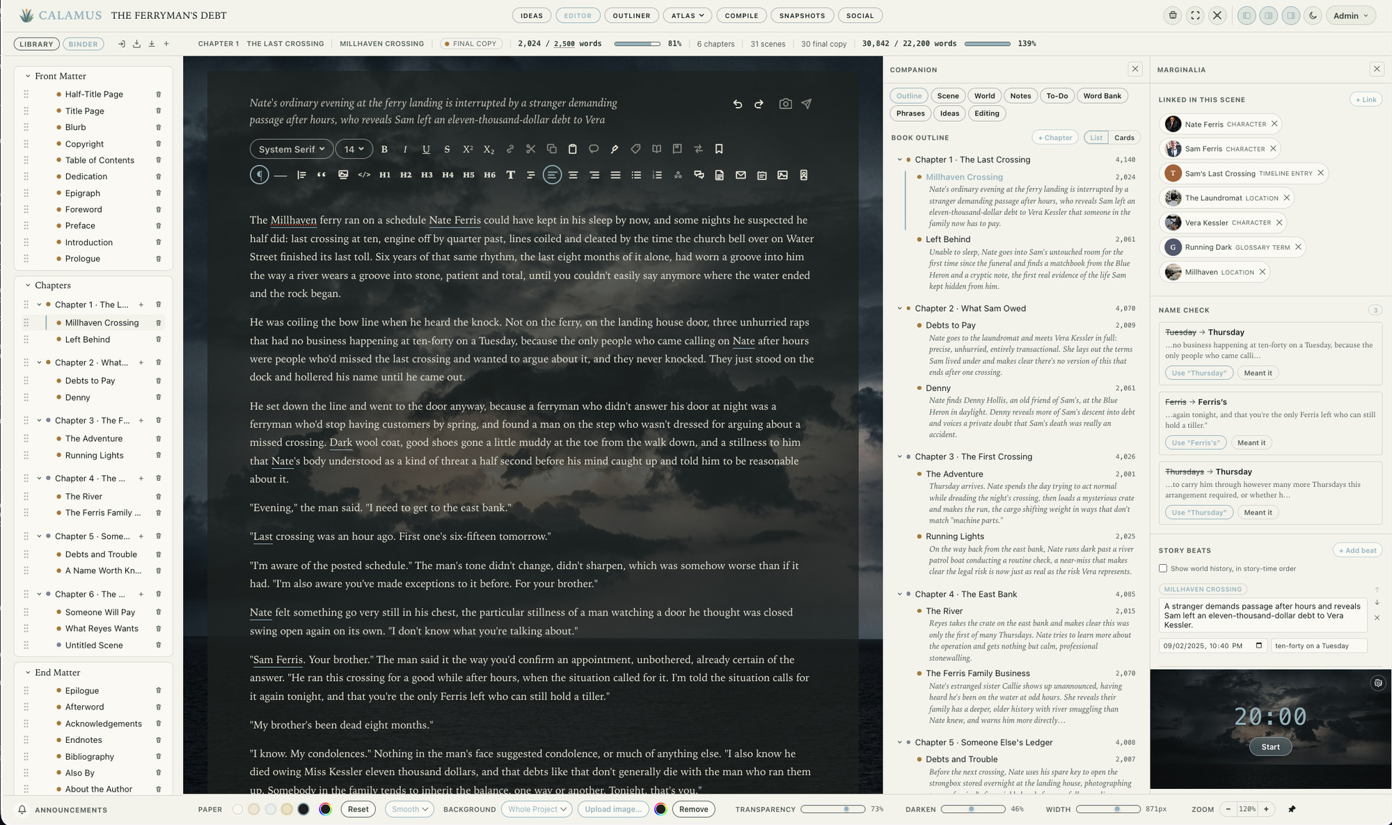 The Calamus Editor with the Binder, a scene, the book outline and Marginalia open at once