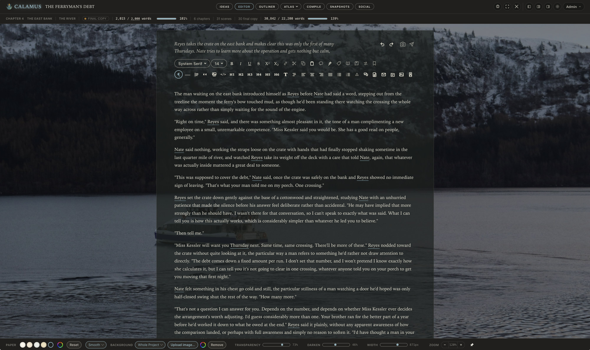 A scene in Calamus marked Final Copy, with its own word goal met and the whole book's progress in the bar above it