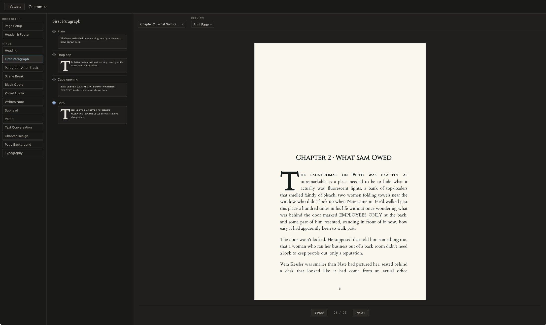 Compile in Calamus: named styles down the left, four first-paragraph treatments as live previews, and the resulting typeset page