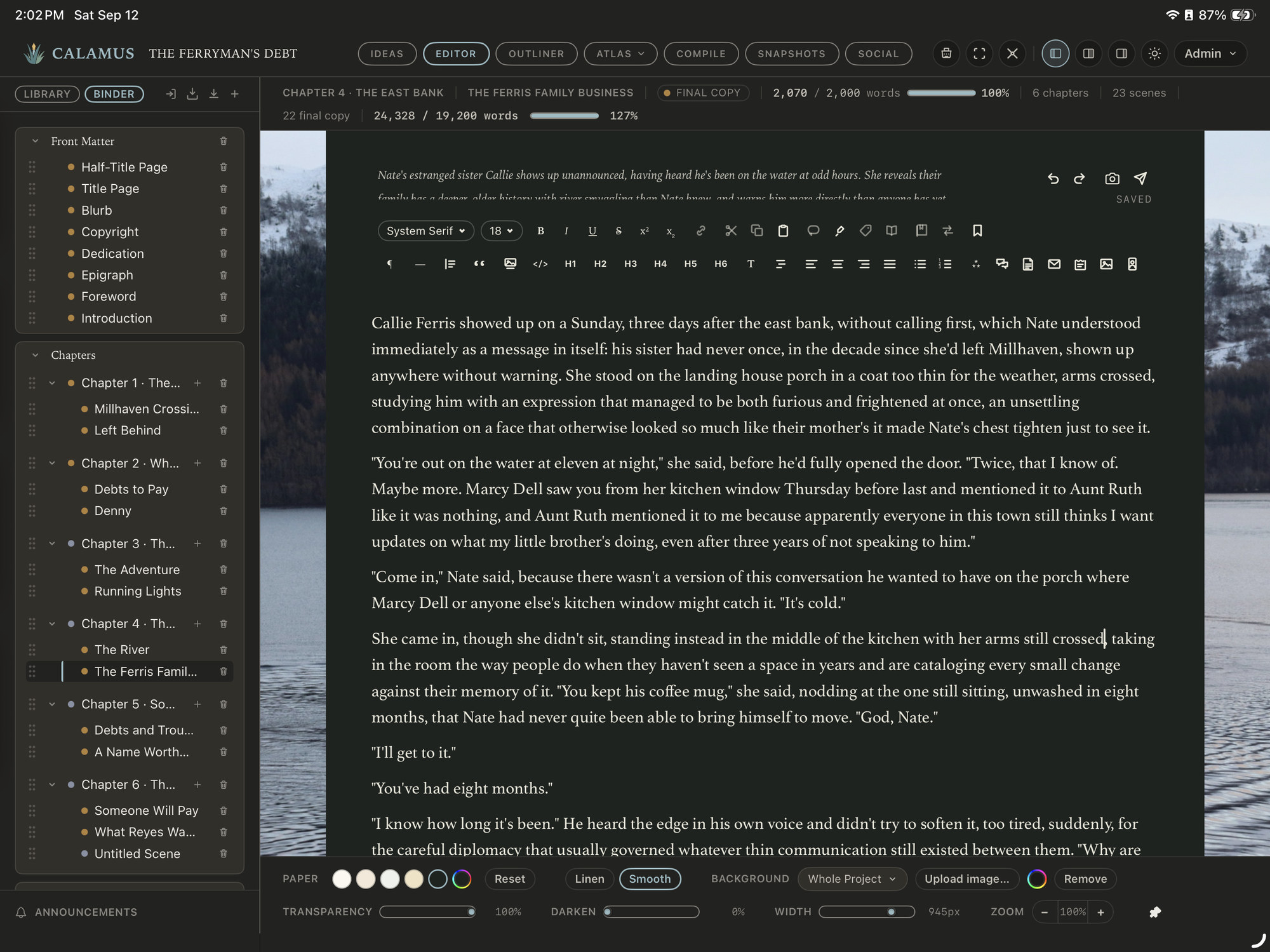 The Calamus iPad app in the Editor, with the Binder down the left and a scene of The Ferryman's Debt open in the center
