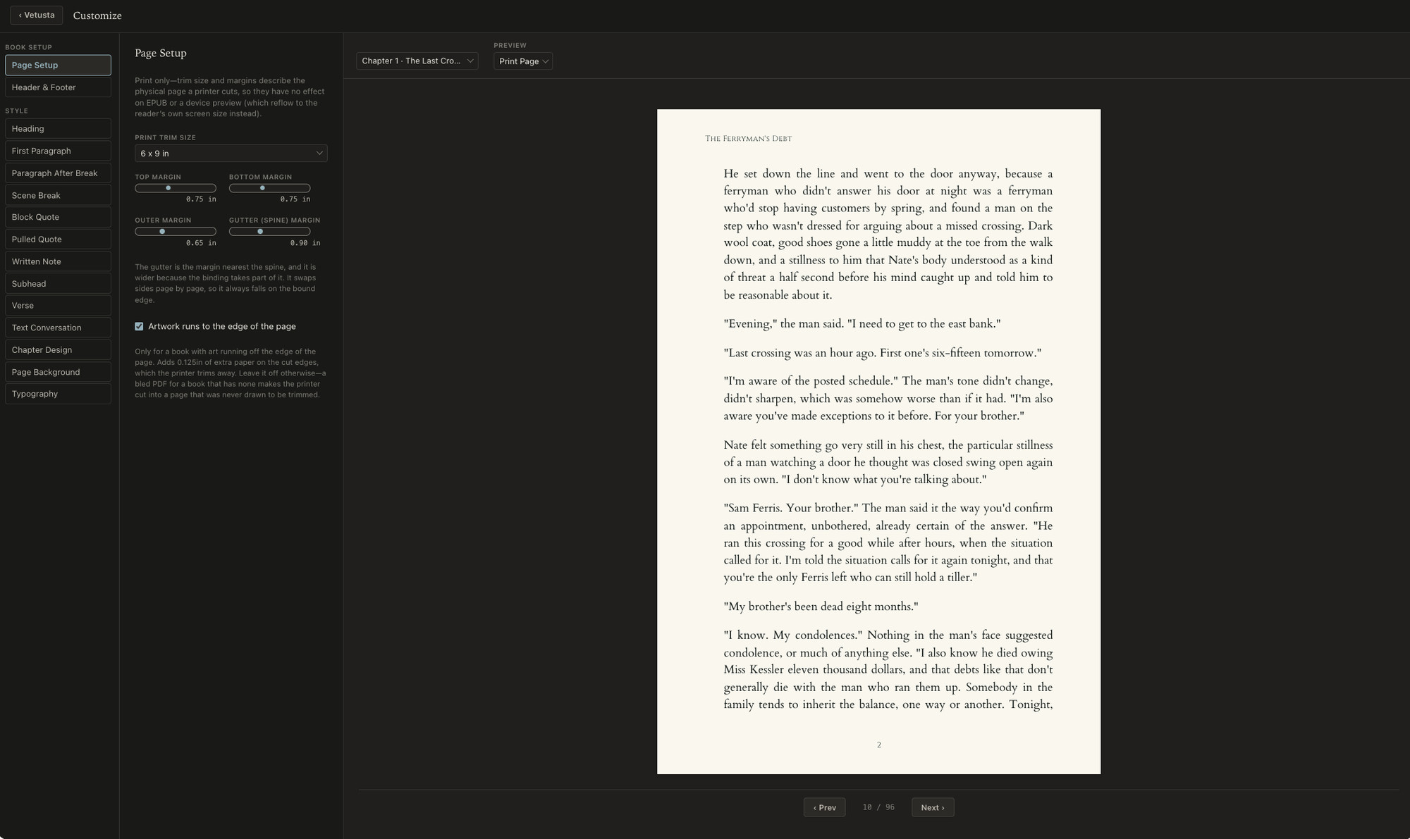 Page Setup in Calamus Compile: a 6 by 9 inch trim size with top, bottom, outer and gutter margins, beside a typeset page of The Ferryman's Debt