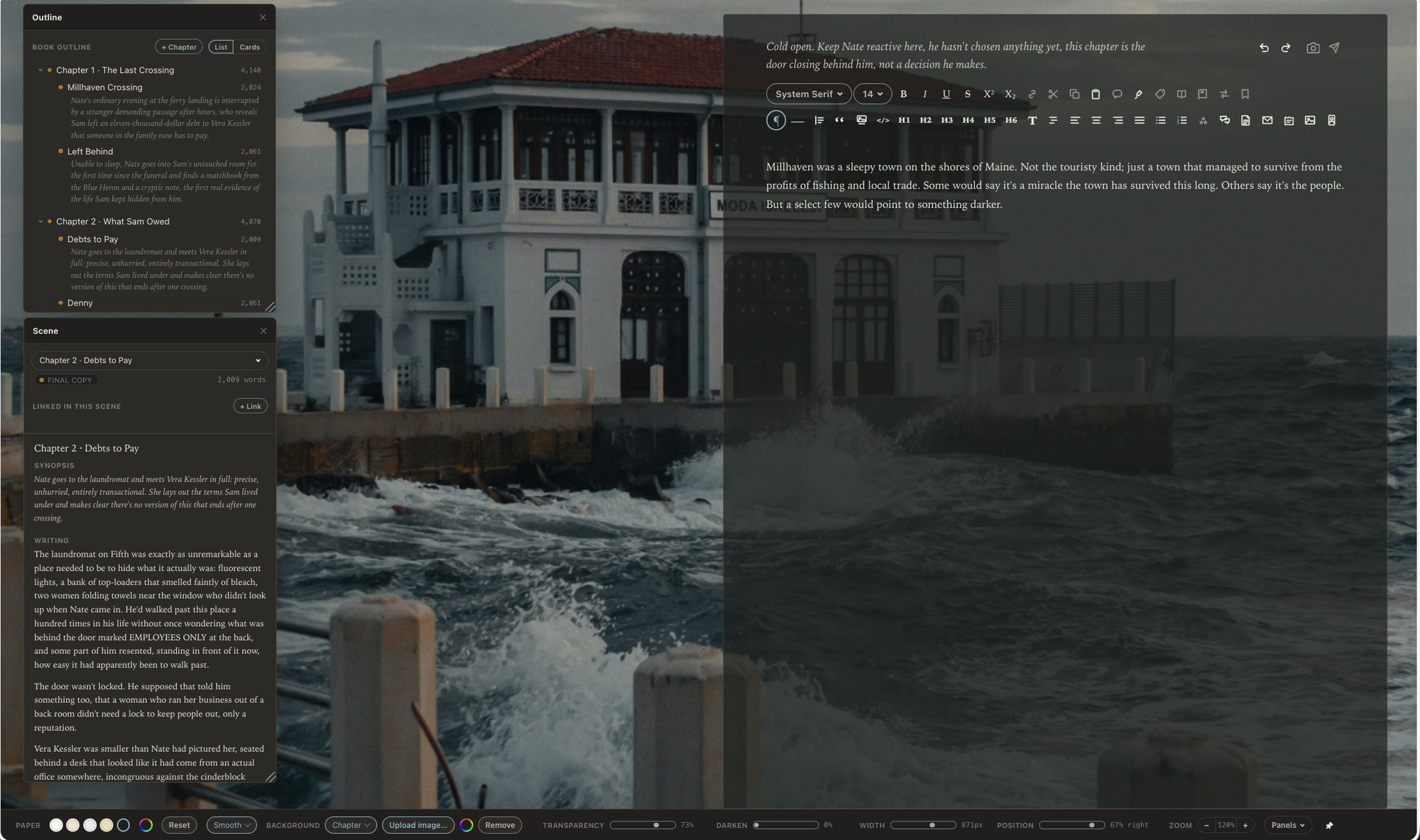 Revising in Calamus: the book outline and a scene's synopsis and text in floating panels beside the manuscript