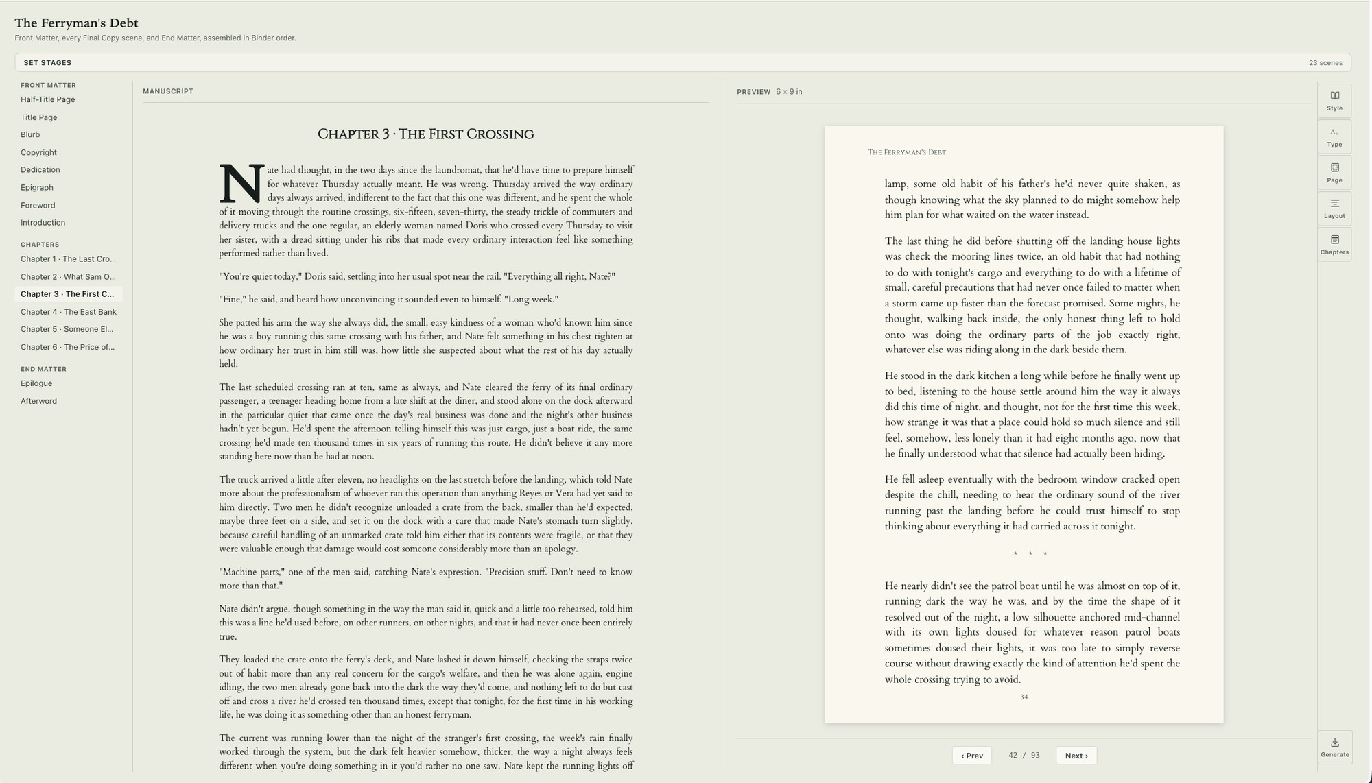 Compile in Calamus with The Ferryman's Debt open: front matter and six chapters down the left, the typeset manuscript in the center showing a chapter opener with a drop cap, and a 6 by 9 inch page preview on the right