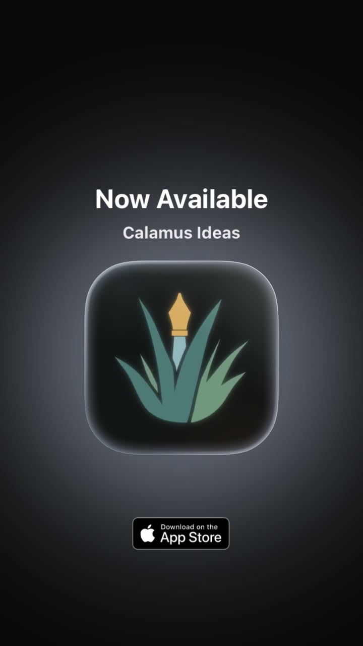 The Calamus Ideas app icon, a pen nib rising from blades of grass, under the words Now Available